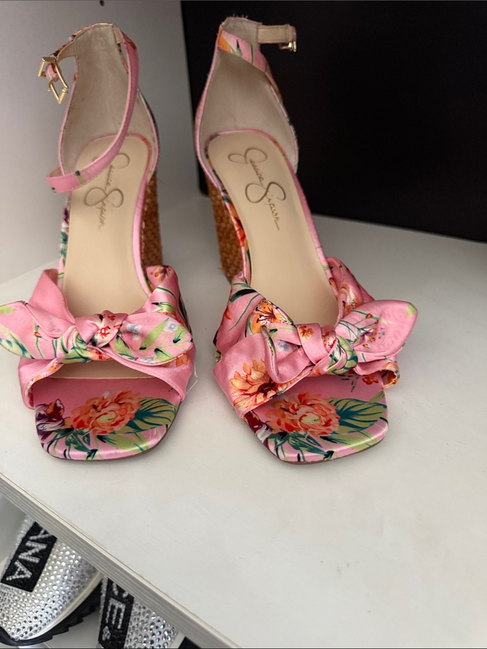 Jessica Simpson Pink Floral Bow Wedge Sandals